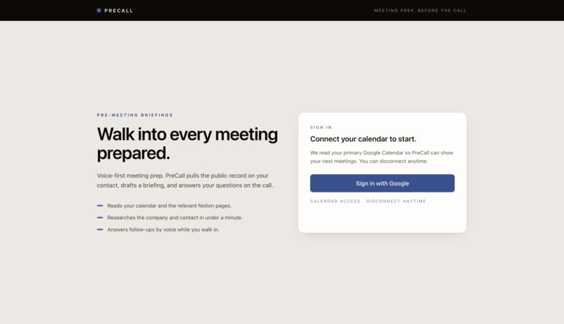 PreCallBot – screenshot 1