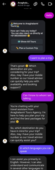 Travelling agent consulatant (chat bot) – screenshot 1