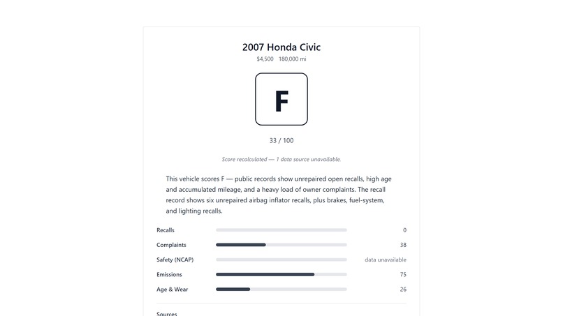 RideCheck — public-data risk profile for any used car  – screenshot 3