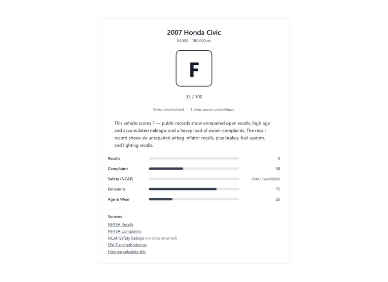 RideCheck — public-data risk profile for any used car  – screenshot 5