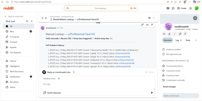 Recidivism Watch — Repeat Offender Tracker for Reddit – screenshot 1