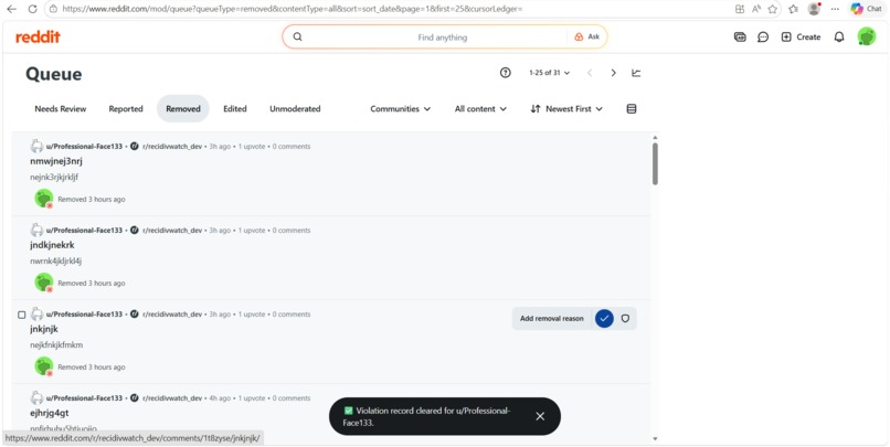 Recidivism Watch — Repeat Offender Tracker for Reddit – screenshot 2