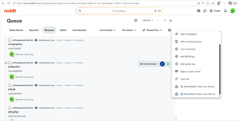 Recidivism Watch — Repeat Offender Tracker for Reddit – screenshot 3
