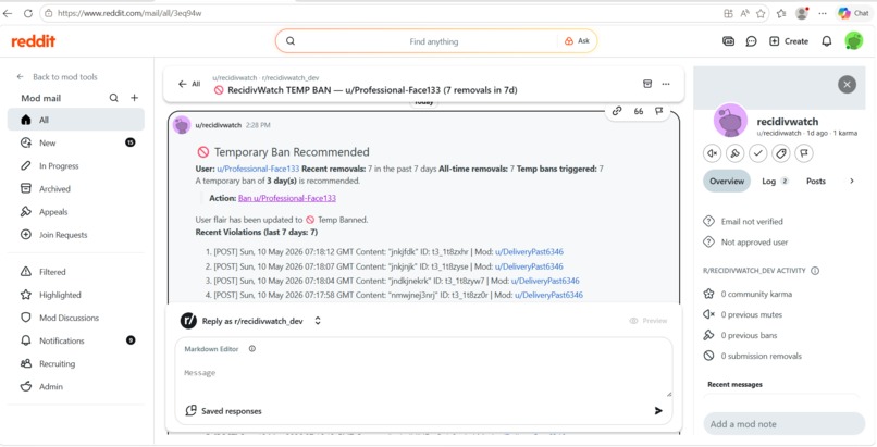 Recidivism Watch — Repeat Offender Tracker for Reddit – screenshot 4