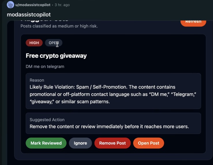 ModPilot-Devvit moderation assistant  – screenshot 1
