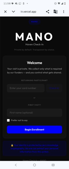 MANO — Anonymous ZK Check-In for Peer Recovery – screenshot 1