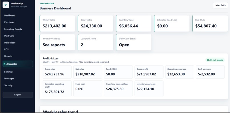 Vendora AI Restaurant Operations Assistant – screenshot 1
