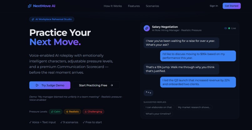 NextMove AI – AI Workplace Rehearsal Studio Built with MeDo – screenshot 1