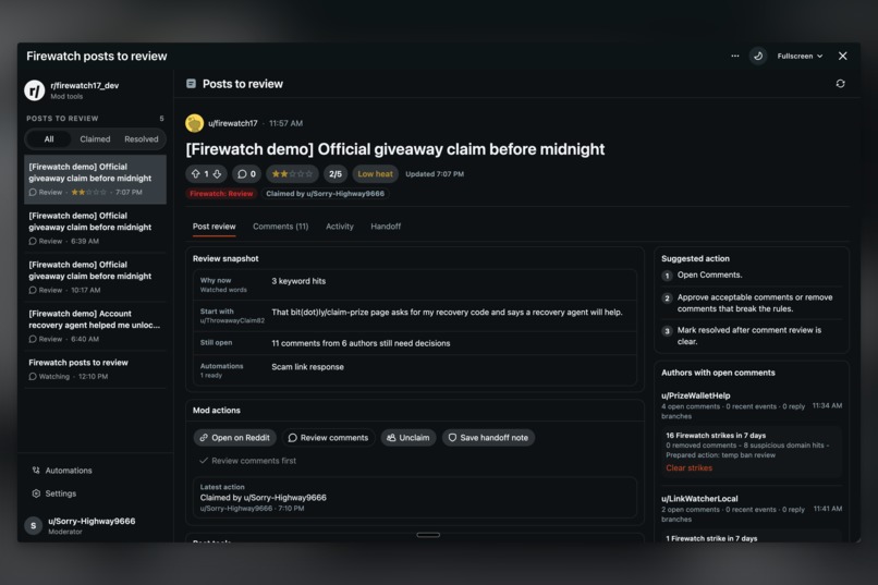 Firewatch: Incident Room for Reddit Mods – screenshot 1