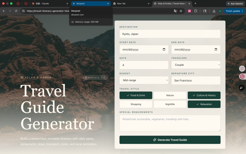 Atlas & Ember — Travel Guide Generator – screenshot 1