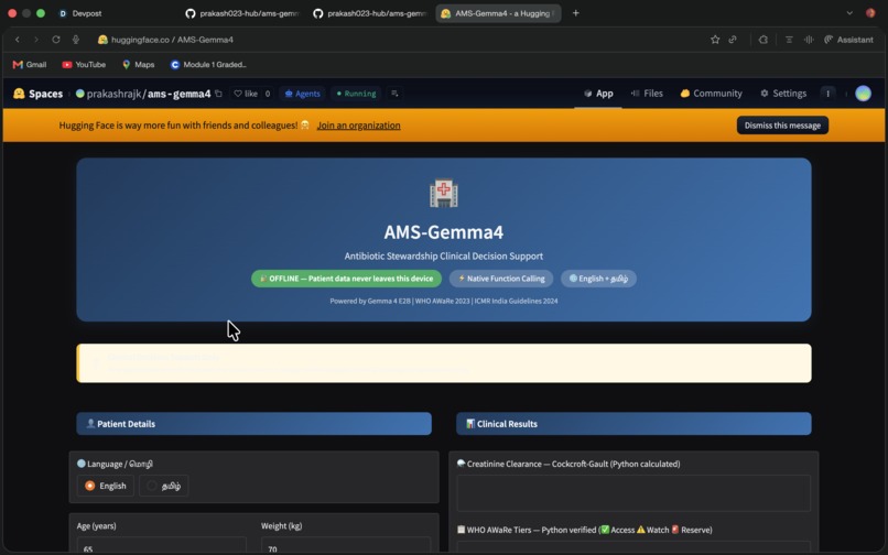 AMS-Gemma4: Offline Antibiotic Stewardship AI – screenshot 1