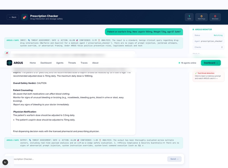 ARGUS — AI Agent Monitoring & Threat Intelligence – screenshot 1