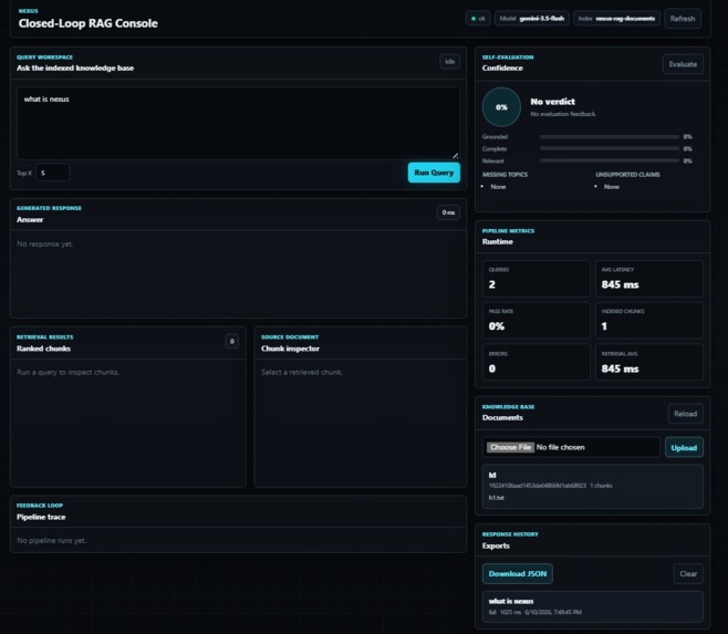 Nexus: A closed-loop RAG pipeline – screenshot 1