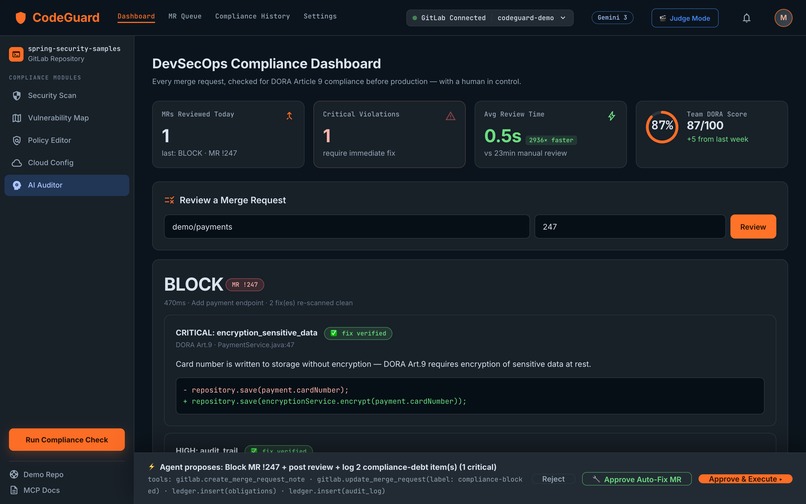 CodeGuard — DORA Art.9 Merge-Request Review Agent – screenshot 3