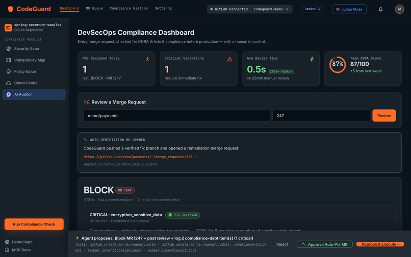 CodeGuard — DORA Art.9 Merge-Request Review Agent – screenshot 7
