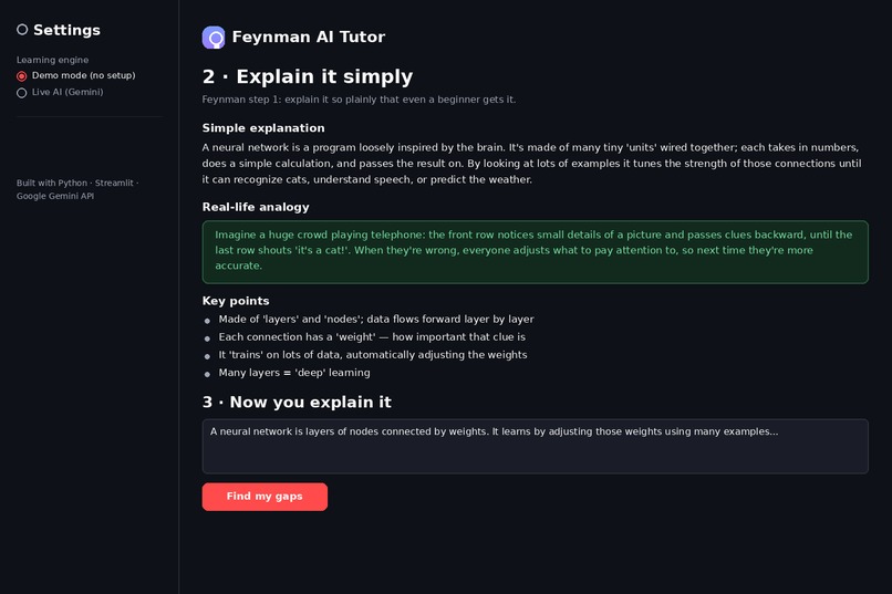Feynman AI Tutor (Python · Streamlit) – screenshot 3