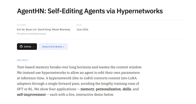 AgentHN: Self-Editing Agents via Hypernetworks – screenshot 1