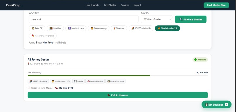 DuskDrop — Real-Time Homeless Shelter Finder – screenshot 3