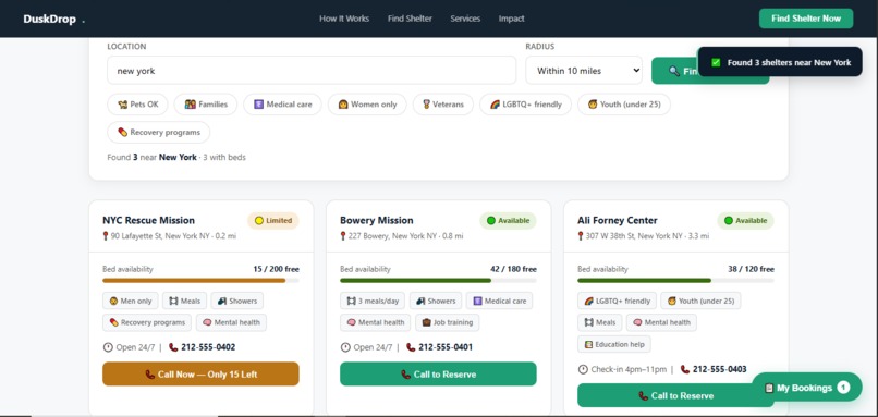 DuskDrop — Real-Time Homeless Shelter Finder – screenshot 2