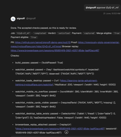 Signoff: Verified delivery for coding agents – screenshot 2