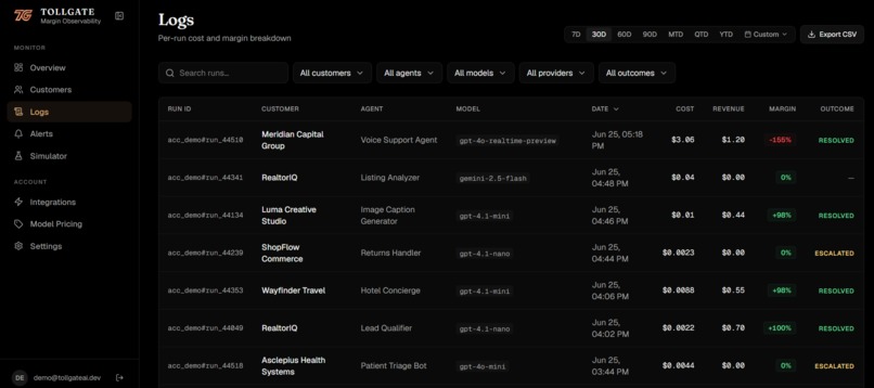 Tollgate - Real-Time Margin Observability for AI Agents – screenshot 5