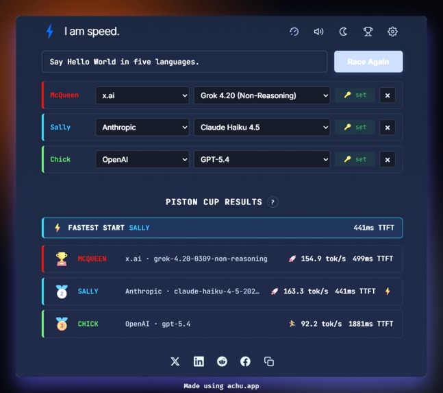 I am speed - fast dot com style but for LLMs – screenshot 2