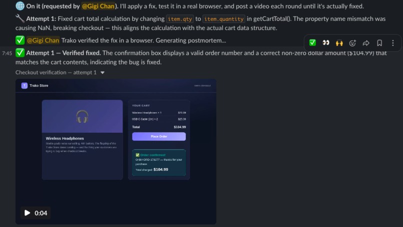 Trako: Slack agent that fixes bugs and proves it on video – screenshot 2