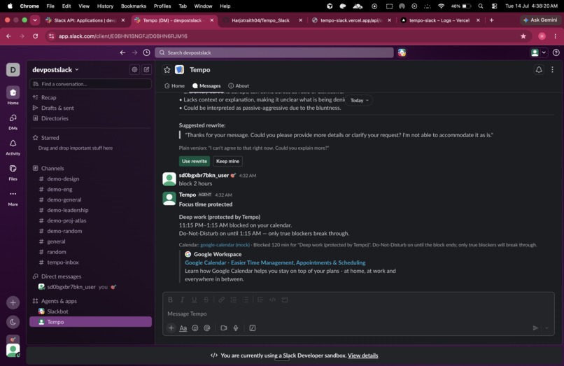 Tempo — tone, focus and memory support for Slack – screenshot 4