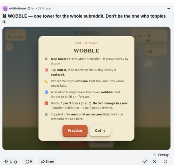 WOBBLE - the subreddit's shared tower – screenshot 5