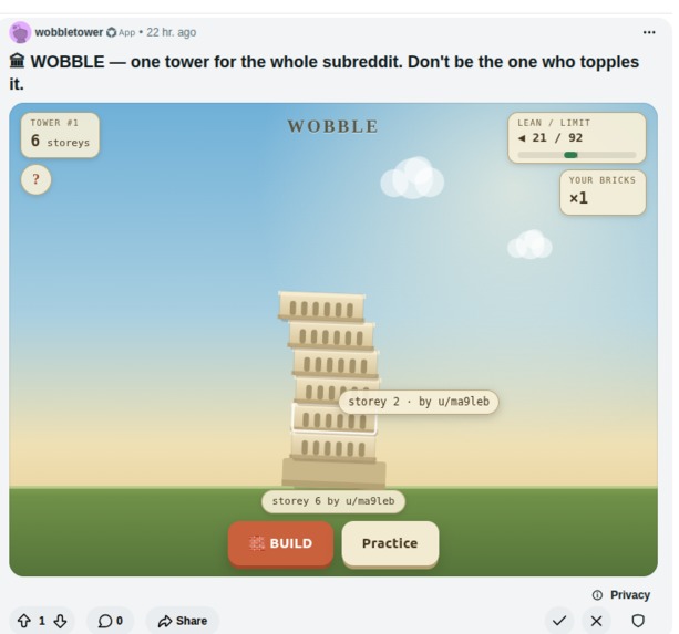 WOBBLE - the subreddit's shared tower – screenshot 3