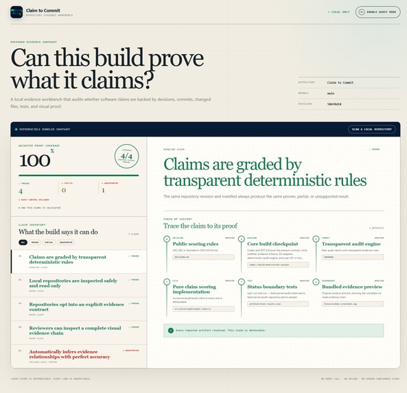 Claim to Commit | Verifiable Evidence for AI-Built Software – screenshot 1
