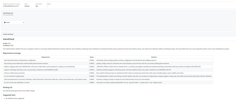 IntentCheck: AI Pull Request Reviews Against GitHub Issues – screenshot 2