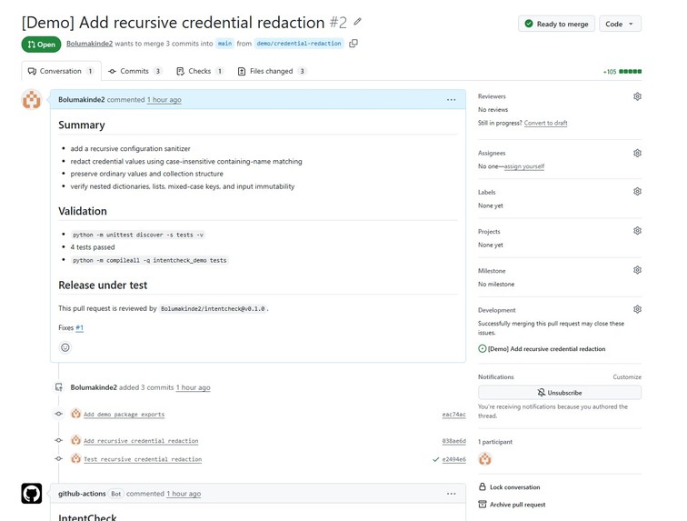 IntentCheck: AI Pull Request Reviews Against GitHub Issues – screenshot 3