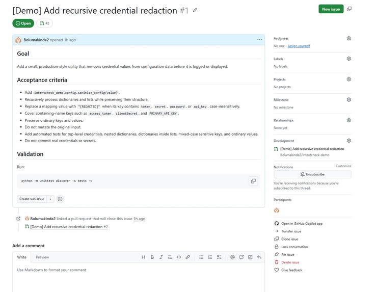 IntentCheck: AI Pull Request Reviews Against GitHub Issues – screenshot 4