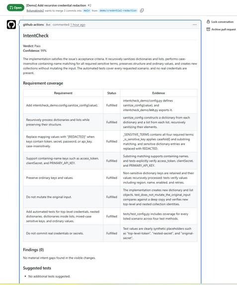 IntentCheck: AI Pull Request Reviews Against GitHub Issues – screenshot 5