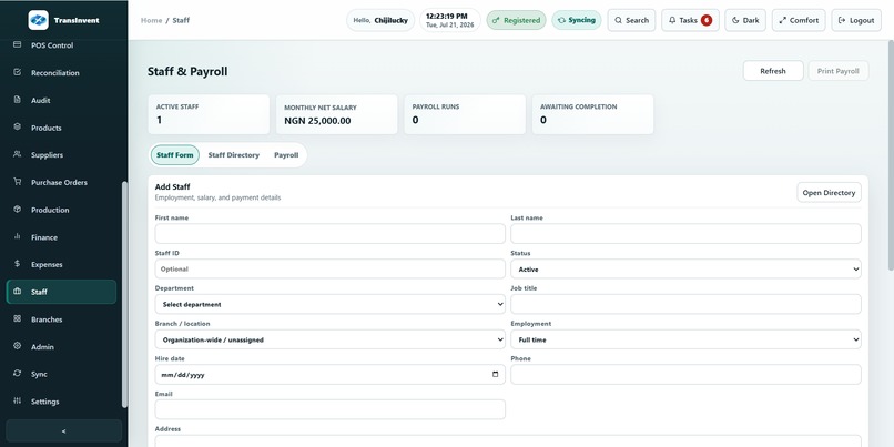 TransInvent Business Management System – screenshot 1