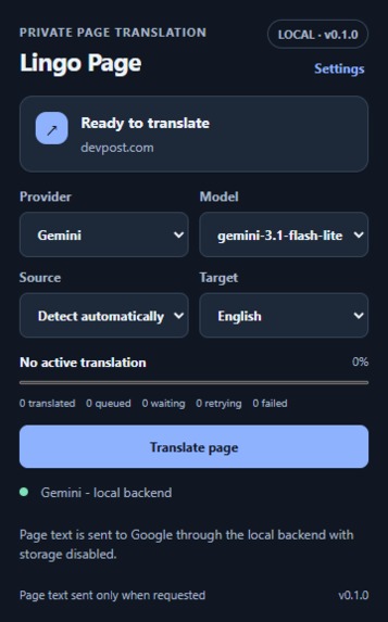 Lingo Page AI translation Extension – screenshot 1