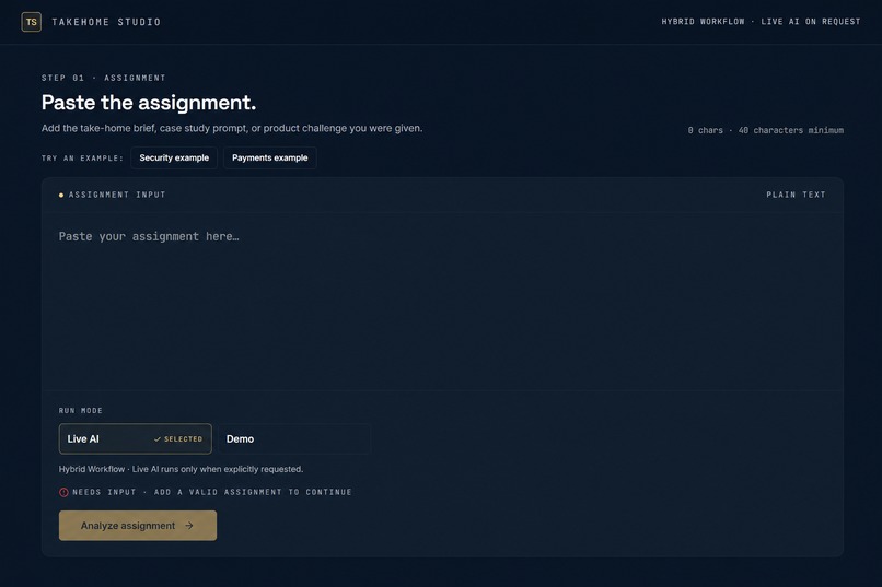 Takehome Studio — AI Without Outsourcing Judgment – screenshot 3