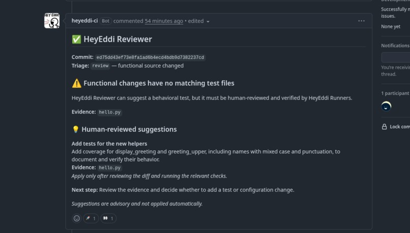 HeyEddi CI — AI Reviewer & Safe Runners – screenshot 1