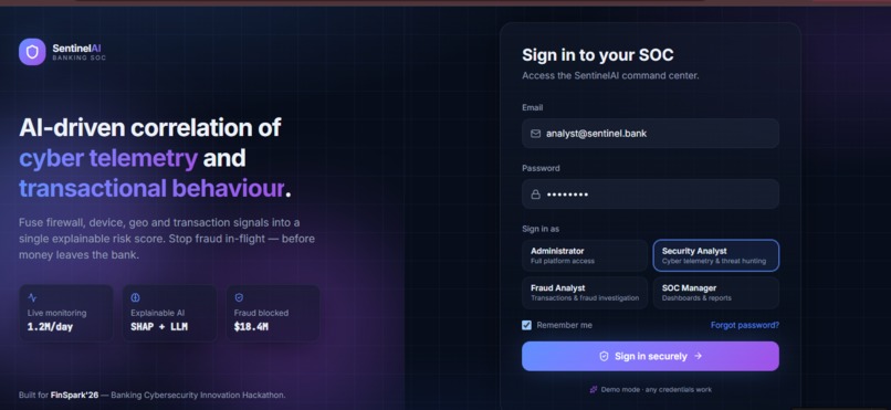 SentinelAI – AI-Driven Banking Cybersecurity Platform – screenshot 1