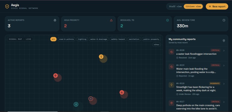 Aegis — AI-Triaged Civic Infrastructure Reporting – screenshot 1