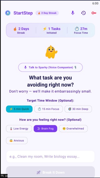 StartStep — ADHD Task Initiation & AI Micro-Step Coach – screenshot 1