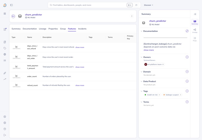 Sentinel — ML Pre-Mortem Agent for DataHub – screenshot 1