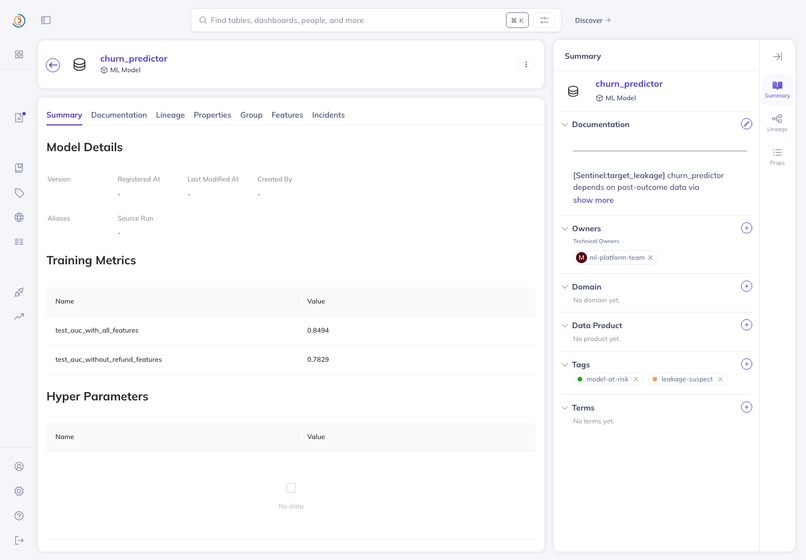 Sentinel — ML Pre-Mortem Agent for DataHub – screenshot 2