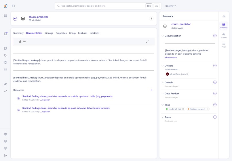 Sentinel — ML Pre-Mortem Agent for DataHub – screenshot 3