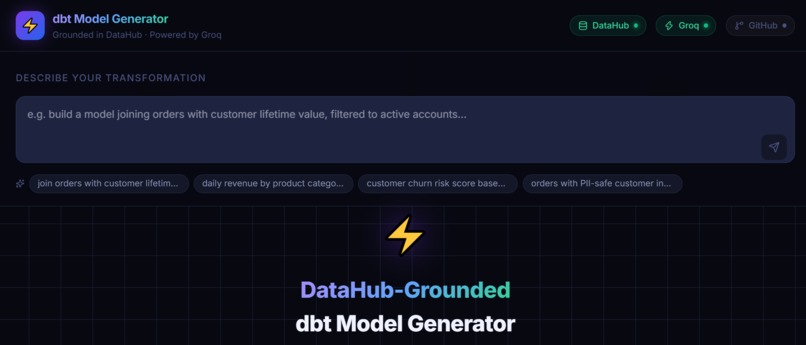 DataHub-Grounded dbt Model Generator – screenshot 1