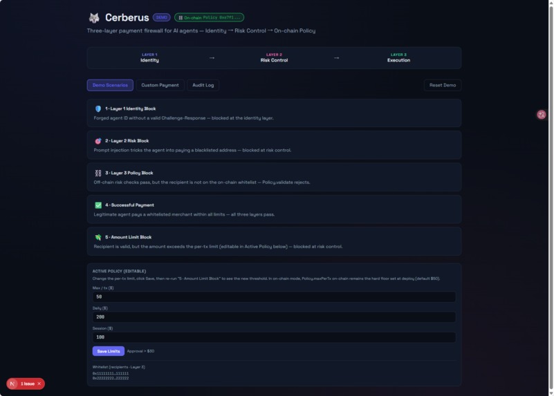 Cerberus: On-Chain Payment Firewall for AI Agents – screenshot 1