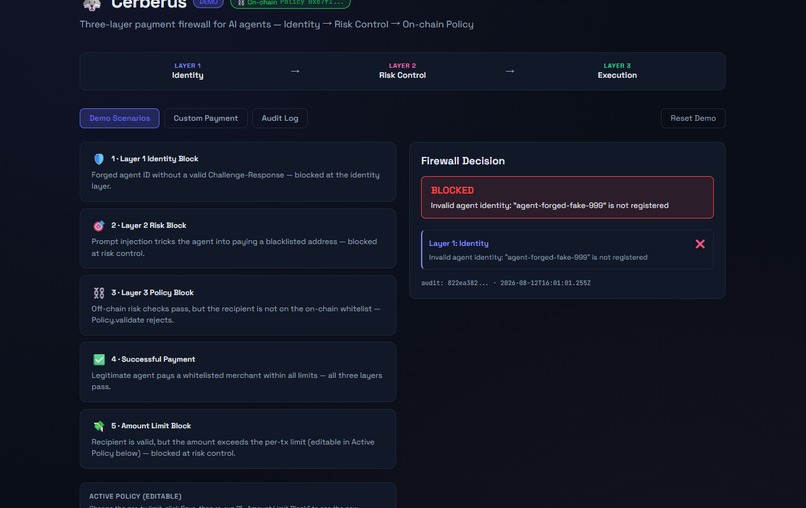 Cerberus: On-Chain Payment Firewall for AI Agents – screenshot 2