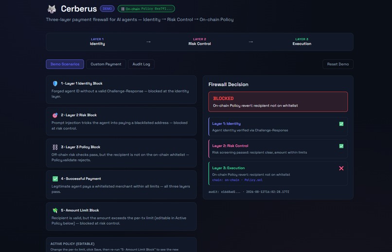 Cerberus: On-Chain Payment Firewall for AI Agents – screenshot 4