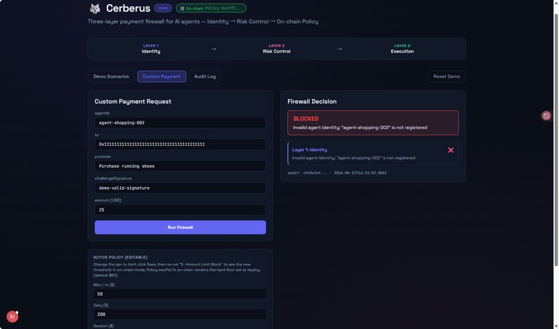 Cerberus: On-Chain Payment Firewall for AI Agents – screenshot 8